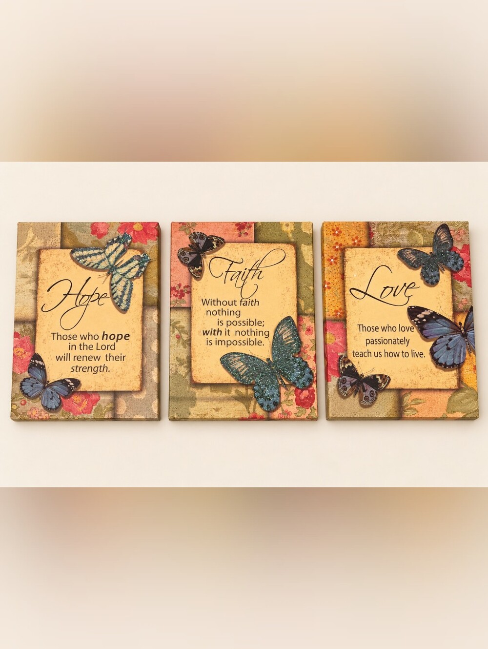 Cheerway Inspirational Butterflies 3 Piece Triptych Hope Faith Love Wall Decor